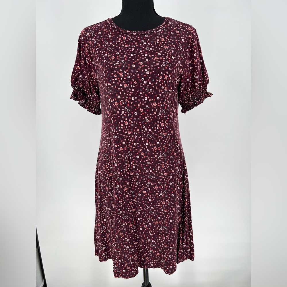 LOFT OUTLET BURGUNDY FLORAL DRESS, SLIPS ON